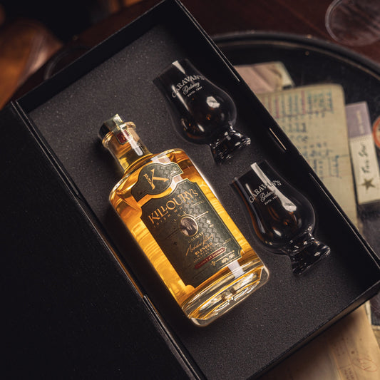 Killoury’s Irish Whiskey Gift Set, a triple blend of malt, grain, and pot still whiskey with vanilla, cereal, nut, coffee, and fruit cake notes, presented in a keepsake box with two Garavan’s whiskey glasses.