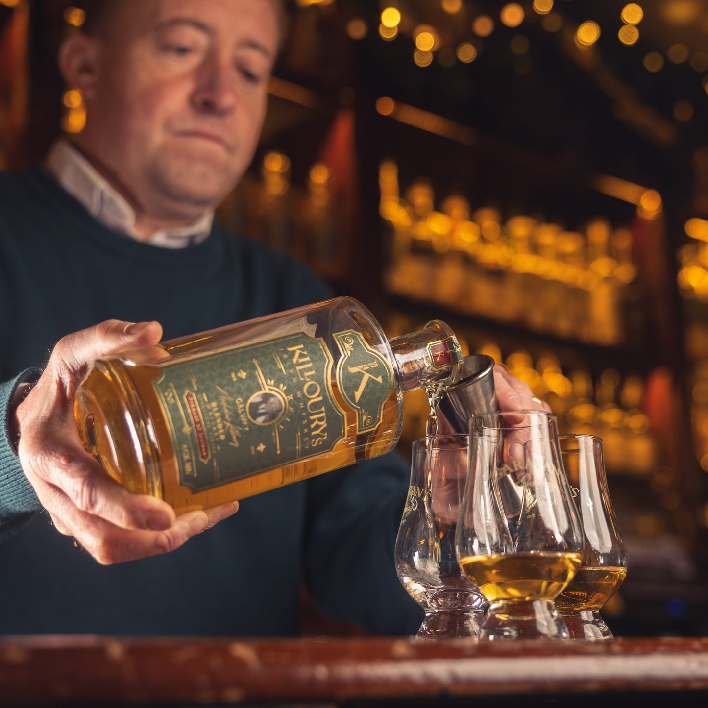 Killoury’s Irish Whiskey, a blend of malt, grain, and pot still whiskey, smooth with vanilla, cereal, nut, coffee, and fruit cake notes, exclusive to Garavan’s Bar.