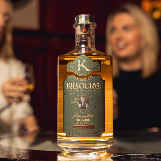 Killoury’s Irish Whiskey, a blend of malt, grain, and pot still whiskey, smooth with vanilla, cereal, nut, coffee, and fruit cake notes, exclusive to Garavan’s Bar.