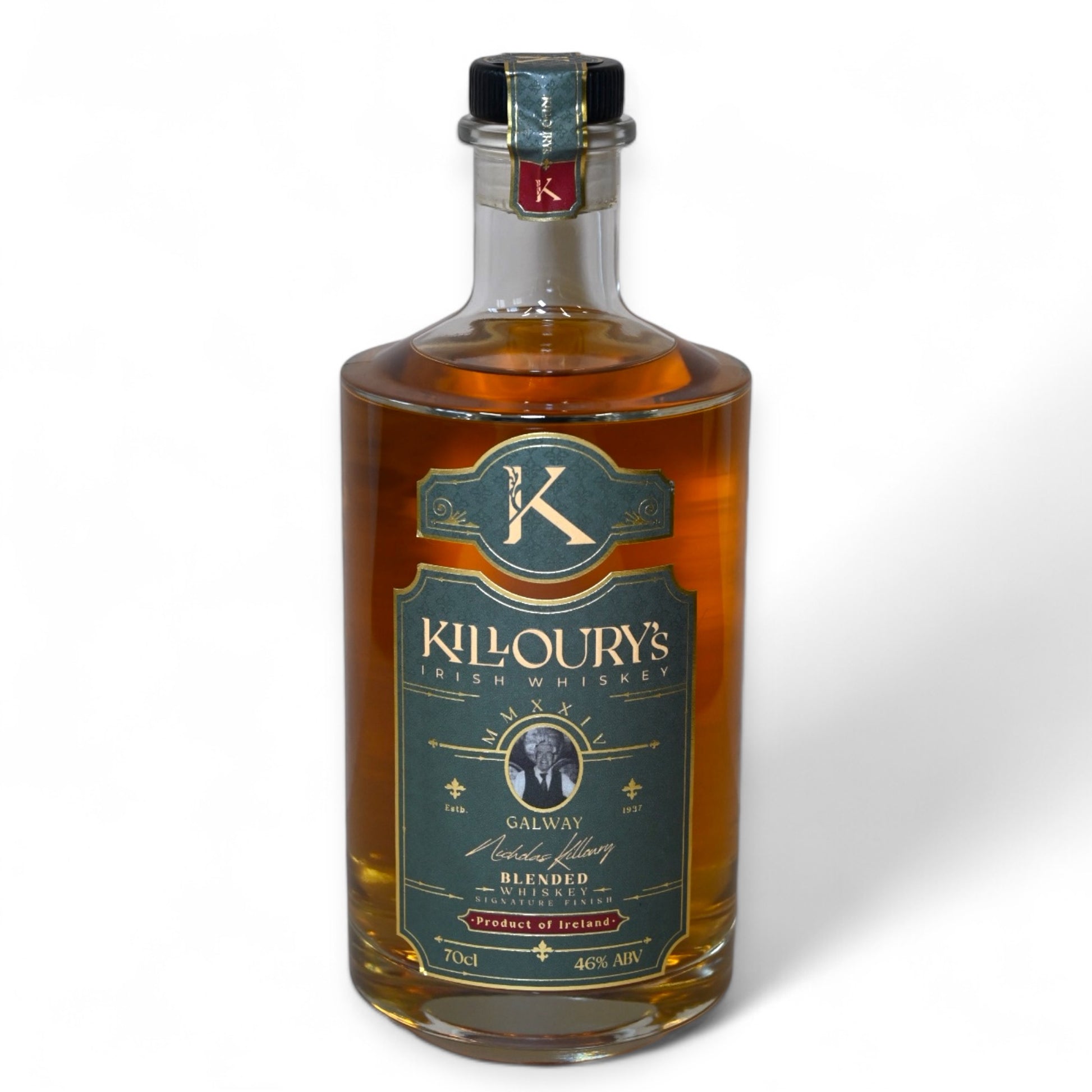 Killoury’s Irish Whiskey, a blend of malt, grain, and pot still whiskey, smooth with vanilla, cereal, nut, coffee, and fruit cake notes, exclusive to Garavan’s Bar.
