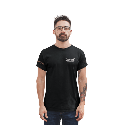 Limited edition Killoury’s x Garavan’s t-shirt featuring combined logo design, celebrating Galway bar heritage, exclusive apparel.