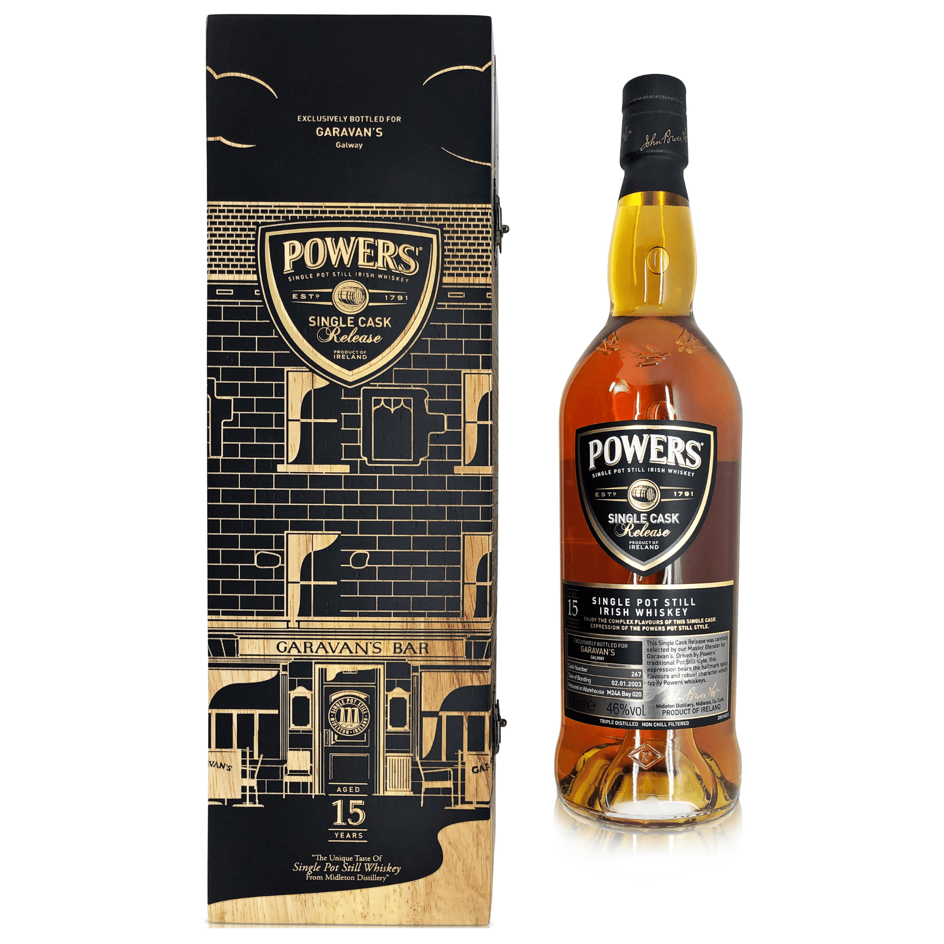 Powers and Garavan's 15-Year-Old Single Malt Irish Whiskey - Limited Edition Collaboration - Only 240 Bottles - Hand-Selected by Powers Master Blender - Exclusively Available at Garavan's Ba