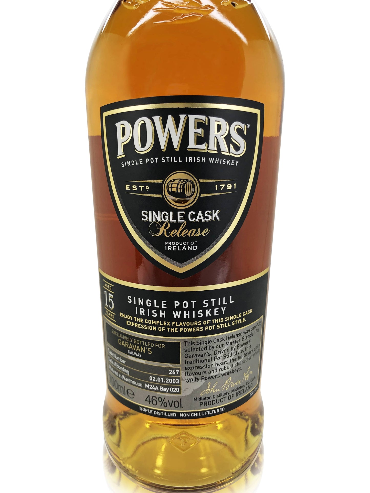 Powers and Garavan's 15-Year-Old Single Malt Irish Whiskey - Limited Edition Collaboration - Only 240 Bottles - Hand-Selected by Powers Master Blender - Exclusively Available at Garavan's Ba