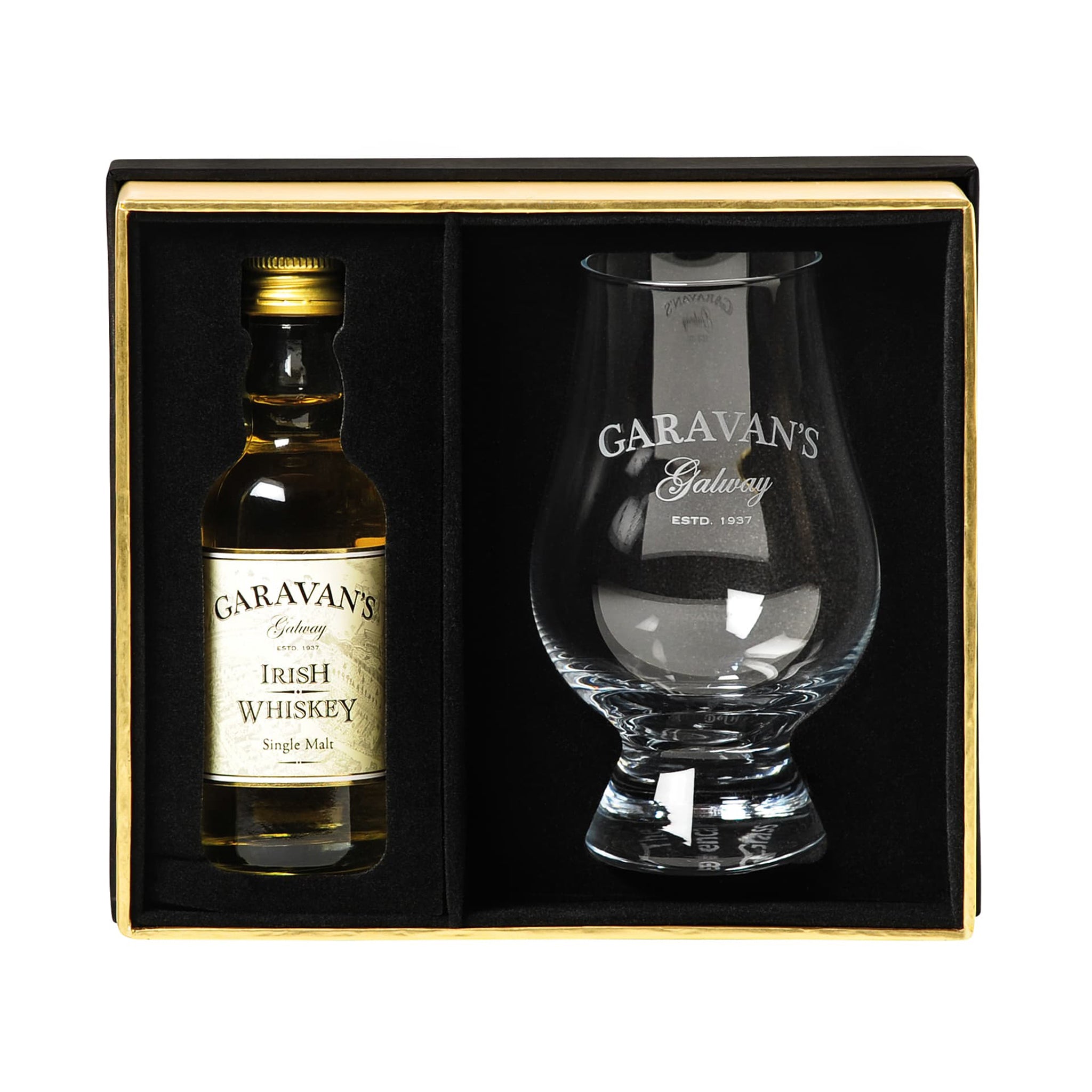 Garavan’s Whiskey and Glass Set - Luxurious Gift for Whiskey Lovers - Expertly Crafted Irish Whiskey Glasses and 8-Year Single Malt Whiskey in Velvet-lined Gift Box