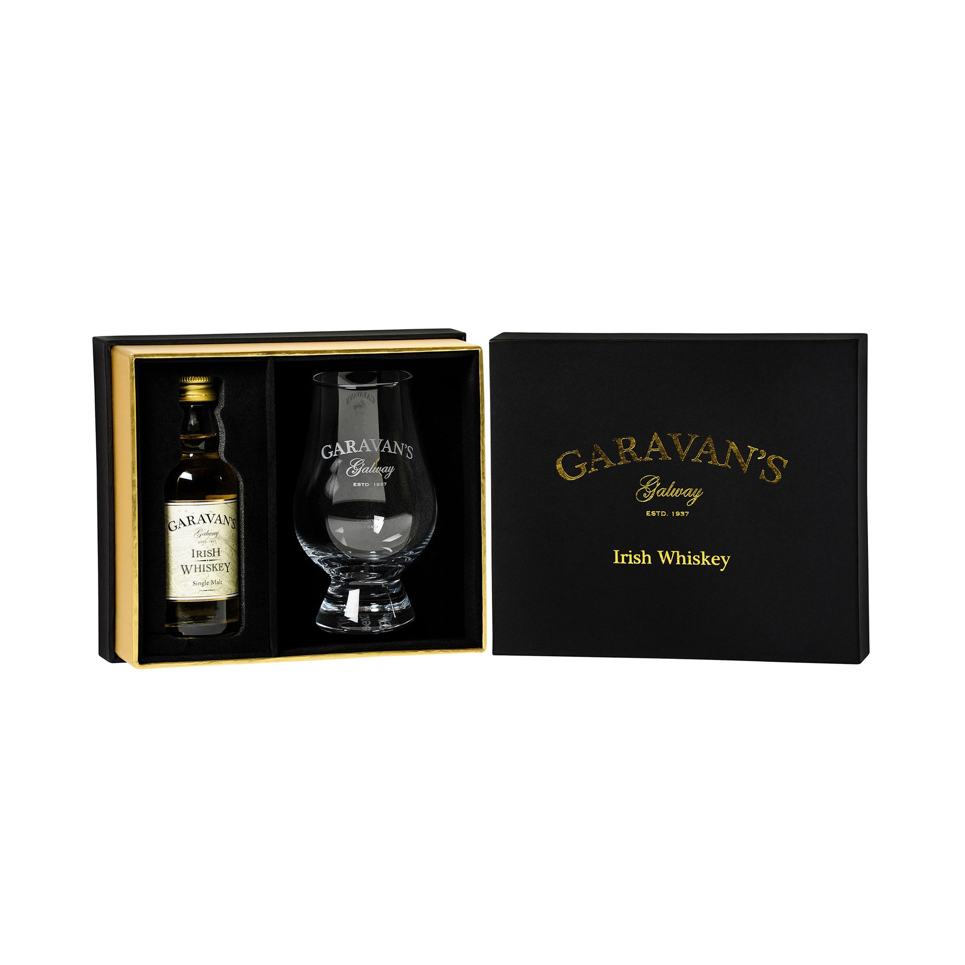 Garavan’s Whiskey and Glass Set - Luxurious Gift for Whiskey Lovers - Expertly Crafted Irish Whiskey Glasses and 8-Year Single Malt Whiskey in Velvet-lined Gift Box