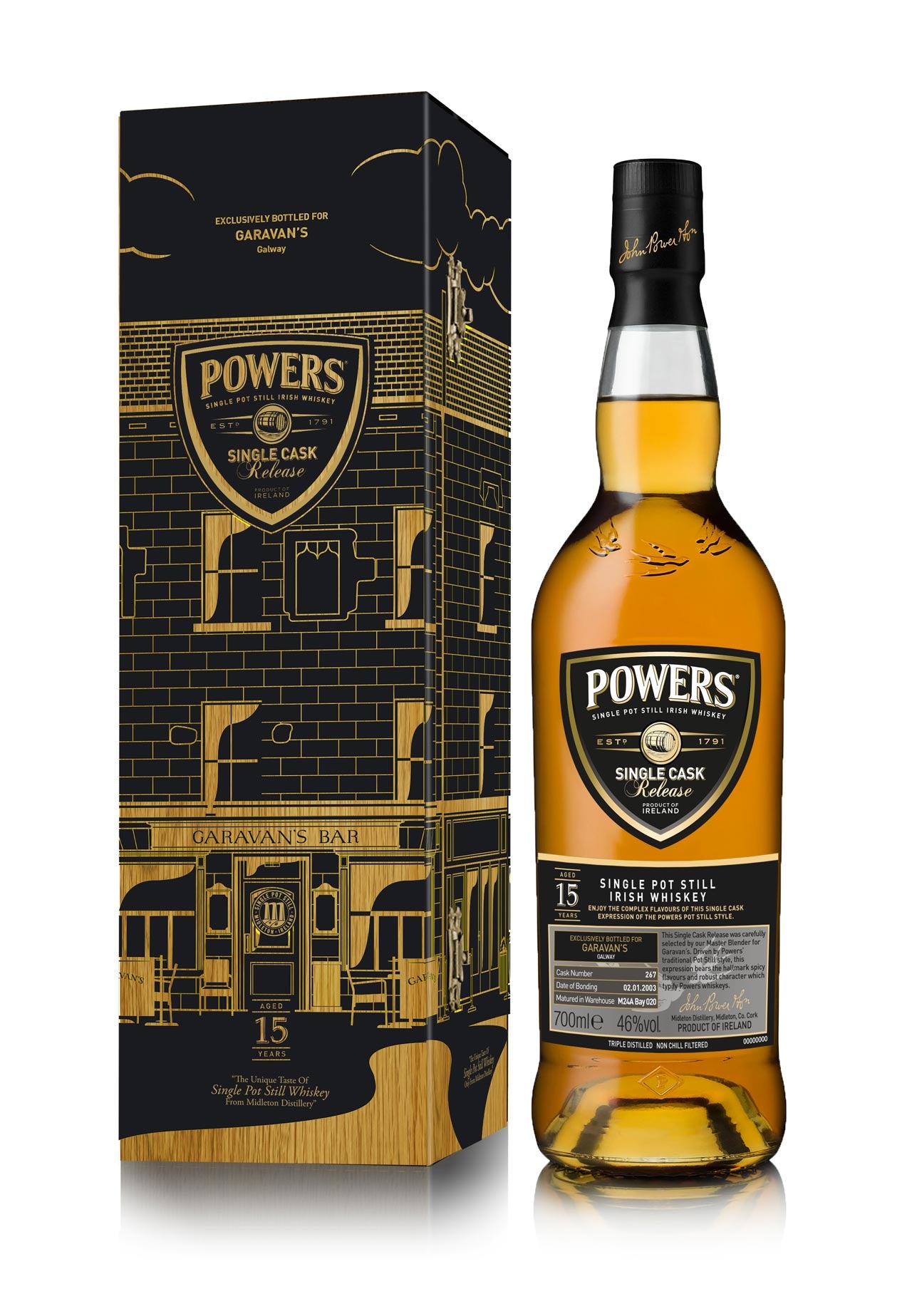 Powers and Garavan's 15-Year-Old Single Malt Irish Whiskey - Limited Edition Collaboration - Only 240 Bottles - Hand-Selected by Powers Master Blender - Exclusively Available at Garavan's Ba