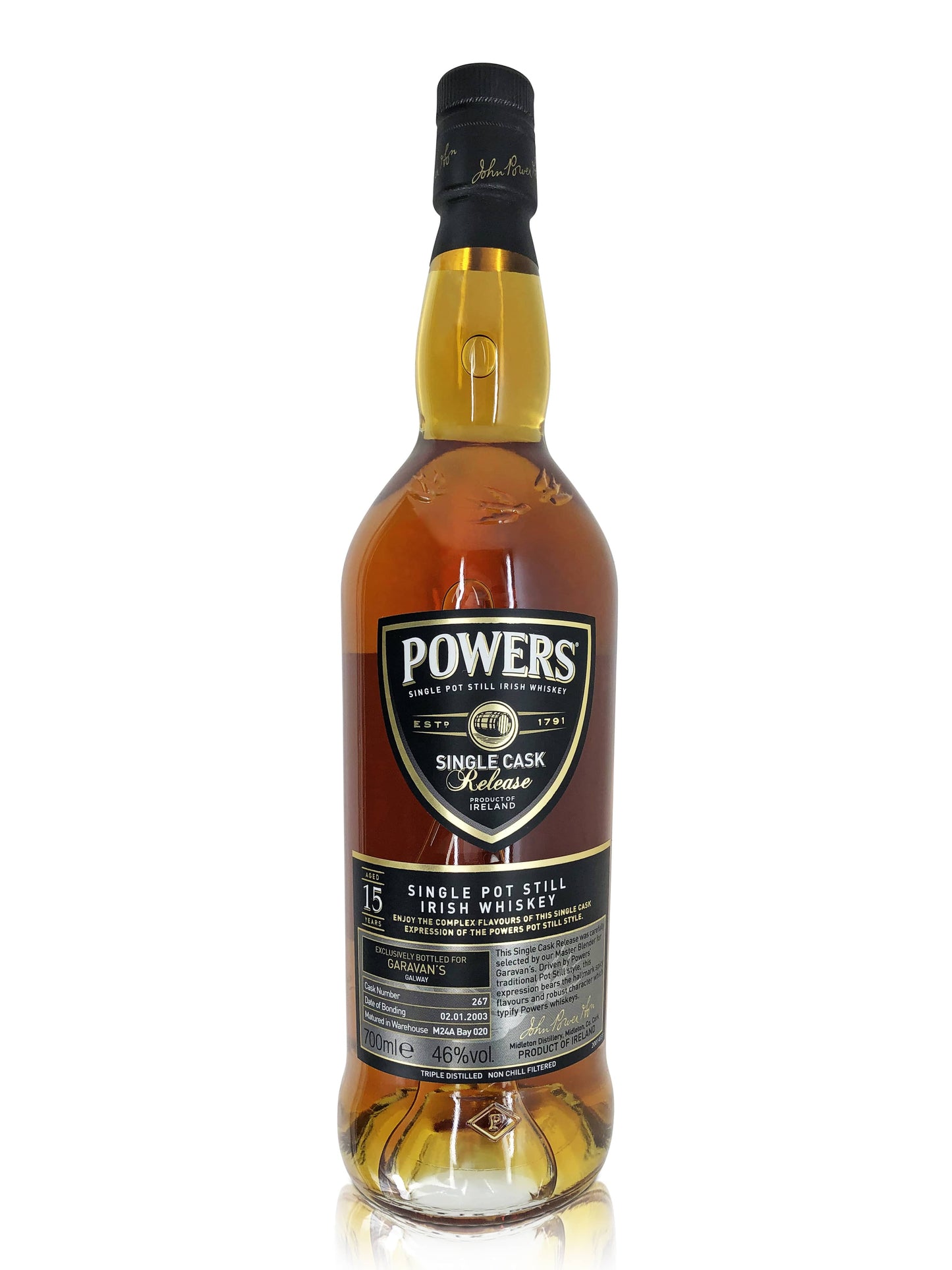 Powers and Garavan's 15-Year-Old Single Malt Irish Whiskey, a limited edition collaboration with only 240 Bottles - Hand-Selected by Powers Master Blender - Exclusively Available at Garavan's Bar
